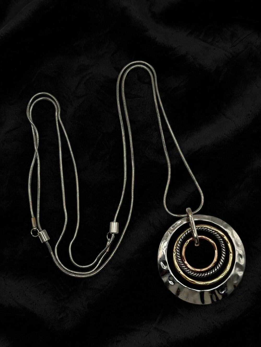 Mixed Metal Hammered Concentric Circle Necklace 21" Tri Color Statement Pendant